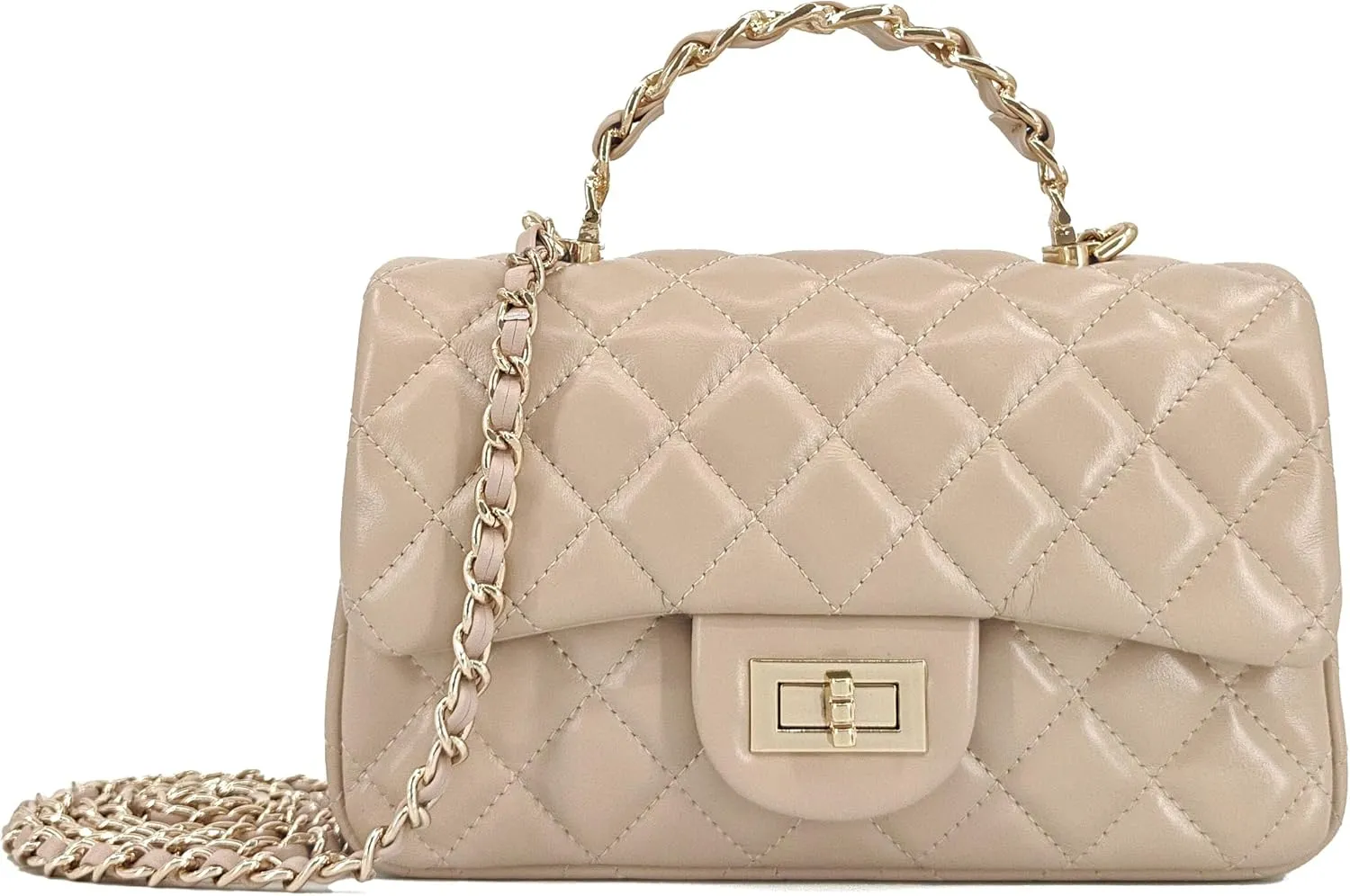 Small Quilted Crossbody Bags for Women, Soft Leather Shoulder Bag with Gold Chain Strap, Metal Top Handle Flap Evening Purse