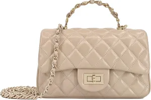 Small Quilted Crossbody Bags for Women, Soft Leather Shoulder Bag with Gold Chain Strap, Metal Top Handle Flap Evening Purse