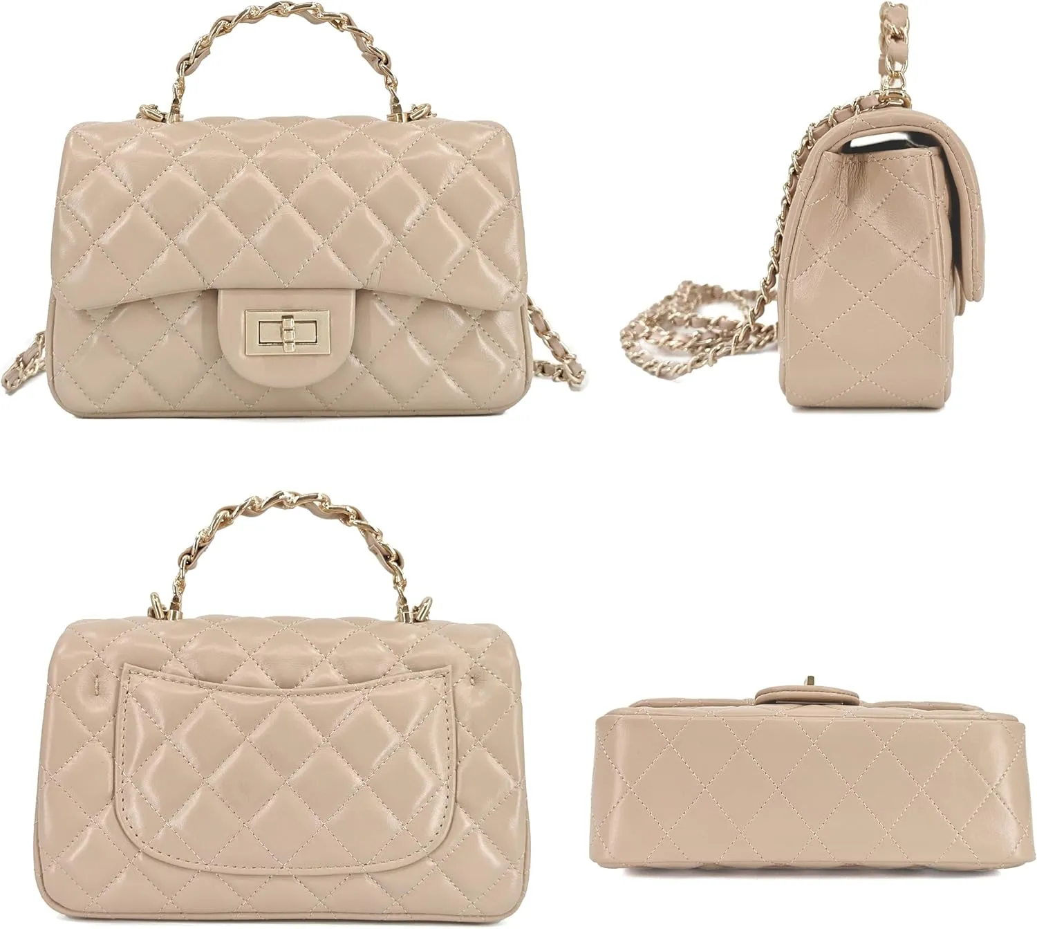 Small Quilted Crossbody Bags for Women, Soft Leather Shoulder Bag with Gold Chain Strap, Metal Top Handle Flap Evening Purse