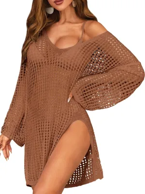SOCIALA Swimsuit Cover Up for Women Crochet Tops Side Split Swim Bikini Bathing Suit Beach Coverups Loose Fit Swimwear Dress