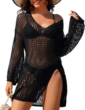 SOCIALA Swimsuit Cover Up for Women Crochet Tops Side Split Swim Bikini Bathing Suit Beach Coverups Loose Fit Swimwear Dress