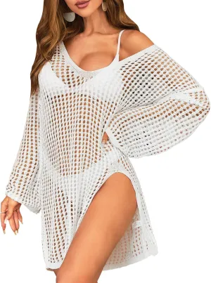 SOCIALA Swimsuit Cover Up for Women Crochet Tops Side Split Swim Bikini Bathing Suit Beach Coverups Loose Fit Swimwear Dress