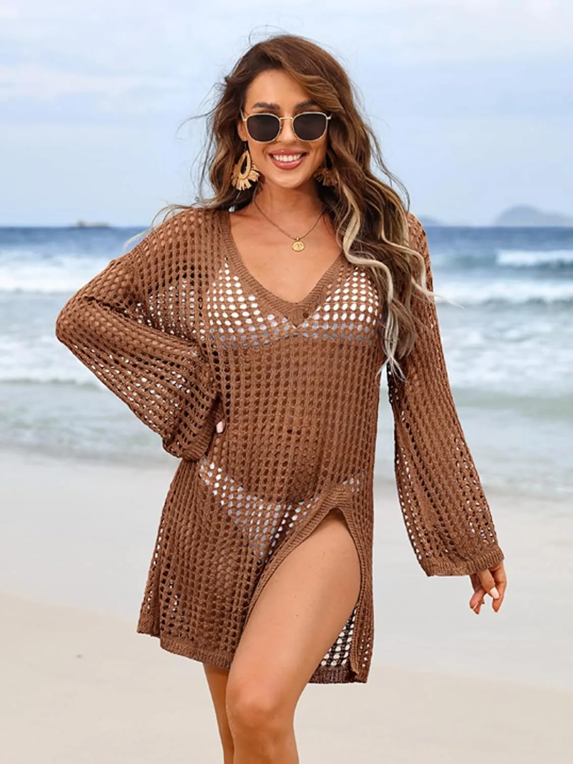 SOCIALA Swimsuit Cover Up for Women Crochet Tops Side Split Swim Bikini Bathing Suit Beach Coverups Loose Fit Swimwear Dress