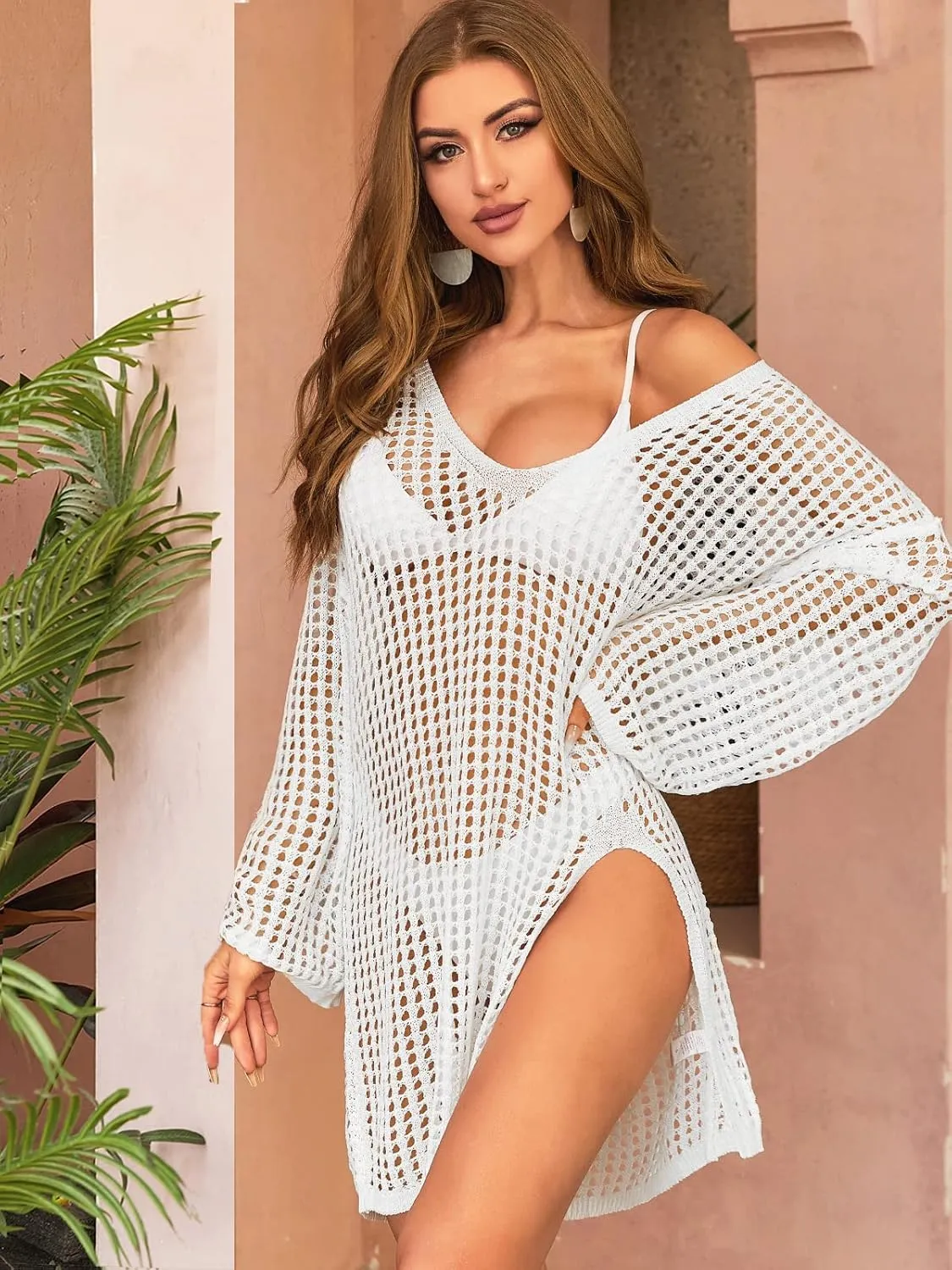 SOCIALA Swimsuit Cover Up for Women Crochet Tops Side Split Swim Bikini Bathing Suit Beach Coverups Loose Fit Swimwear Dress