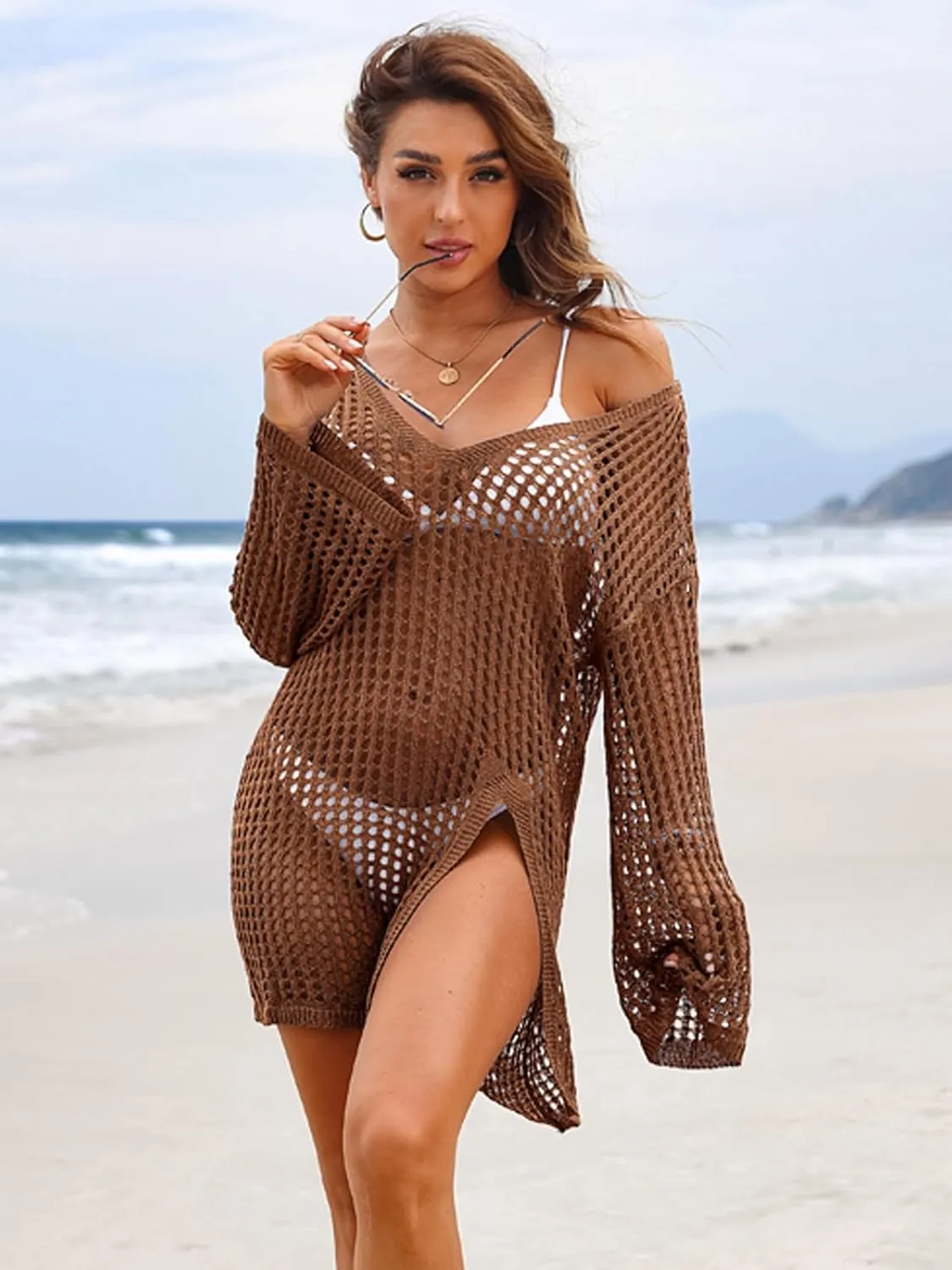 SOCIALA Swimsuit Cover Up for Women Crochet Tops Side Split Swim Bikini Bathing Suit Beach Coverups Loose Fit Swimwear Dress