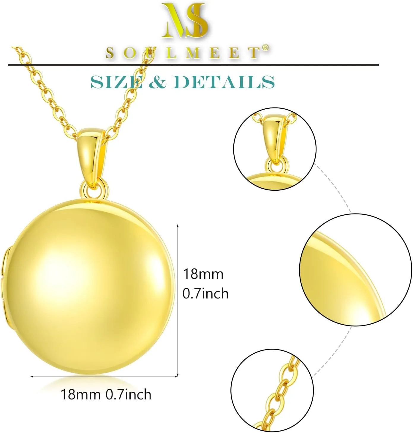 SOULMEET 10K 14K 18K Solid Gold/Silver Minimalist Round Locket Necklace That Holds 2 Pictures Personalized Photo Locket Letters Engraving Locket Gift