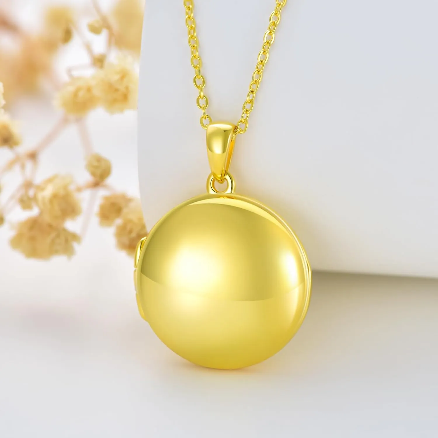 SOULMEET 10K 14K 18K Solid Gold/Silver Minimalist Round Locket Necklace That Holds 2 Pictures Personalized Photo Locket Letters Engraving Locket Gift
