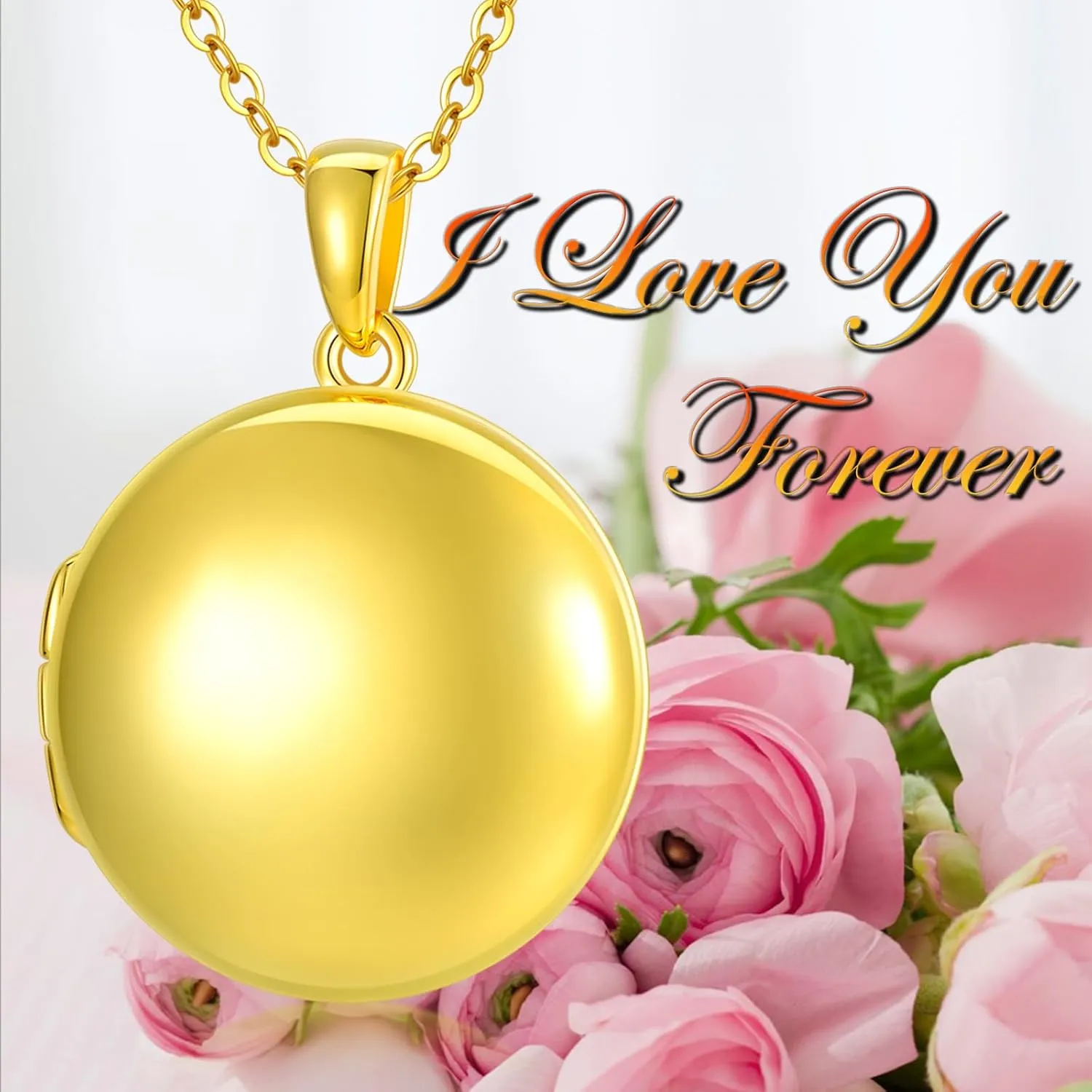 SOULMEET 10K 14K 18K Solid Gold/Silver Minimalist Round Locket Necklace That Holds 2 Pictures Personalized Photo Locket Letters Engraving Locket Gift