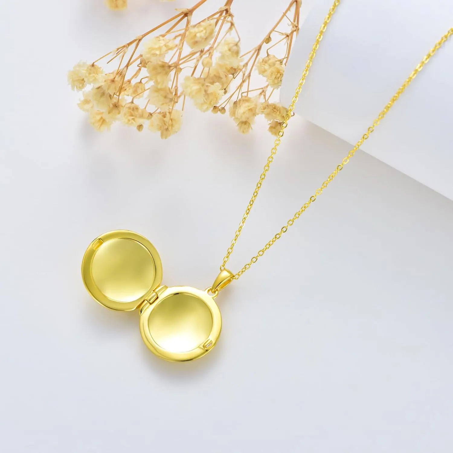 SOULMEET 10K 14K 18K Solid Gold/Silver Minimalist Round Locket Necklace That Holds 2 Pictures Personalized Photo Locket Letters Engraving Locket Gift