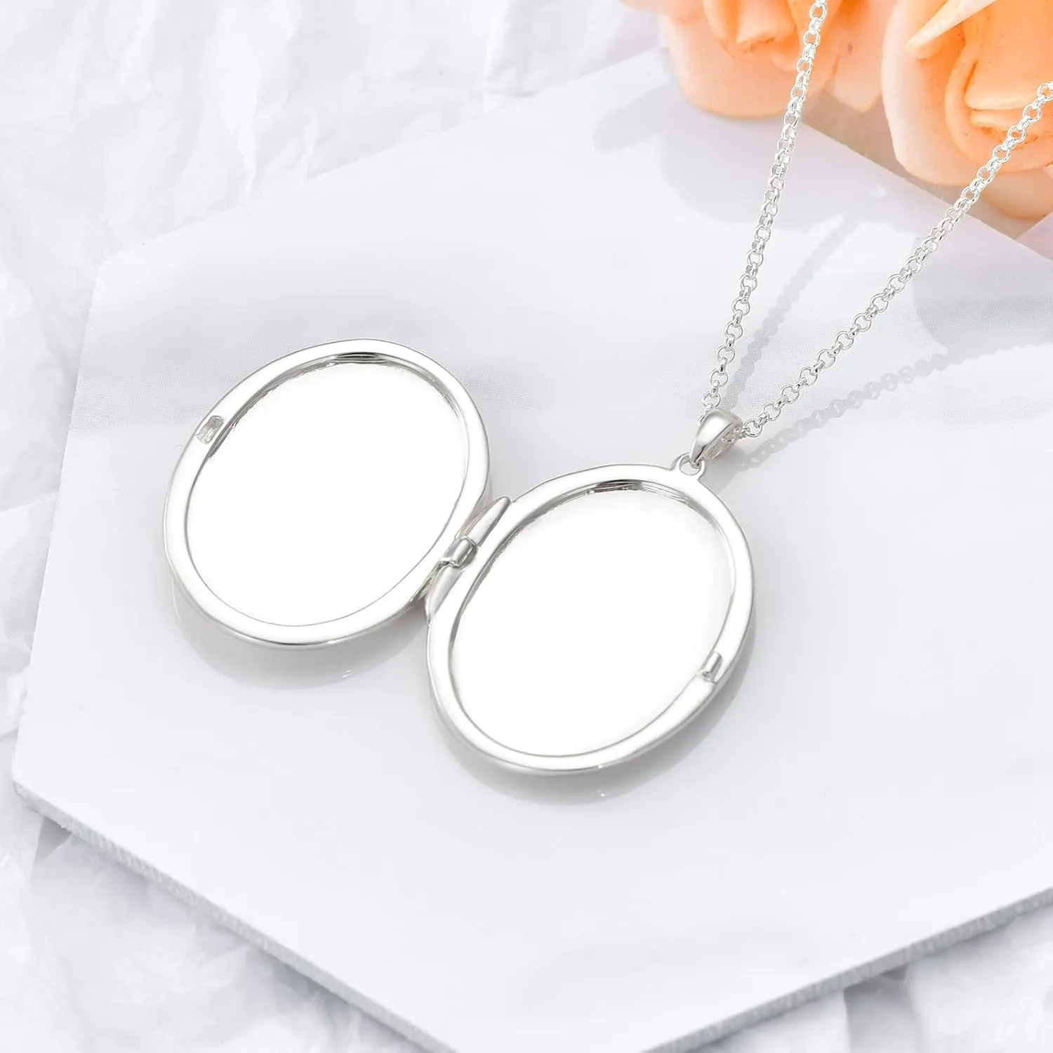 SOULMEET 10K 14K 18K Solid White Gold/Silver Minimalist Style/Infinity Sunflower Heart/Oval Locket Necklace That Holds 1 or 2 Pictures Personalized Photo Locket Necklace Letters Engraving