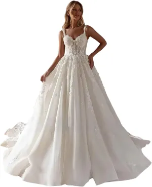 Spaghetti Straps Wedding Dresses for Bride 2025 Sweetheart Tulle A-Line Lace Applique Long Bridal Gowns with Train