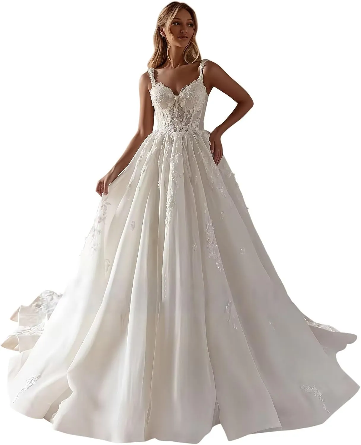 Spaghetti Straps Wedding Dresses for Bride 2025 Sweetheart Tulle A-Line Lace Applique Long Bridal Gowns with Train