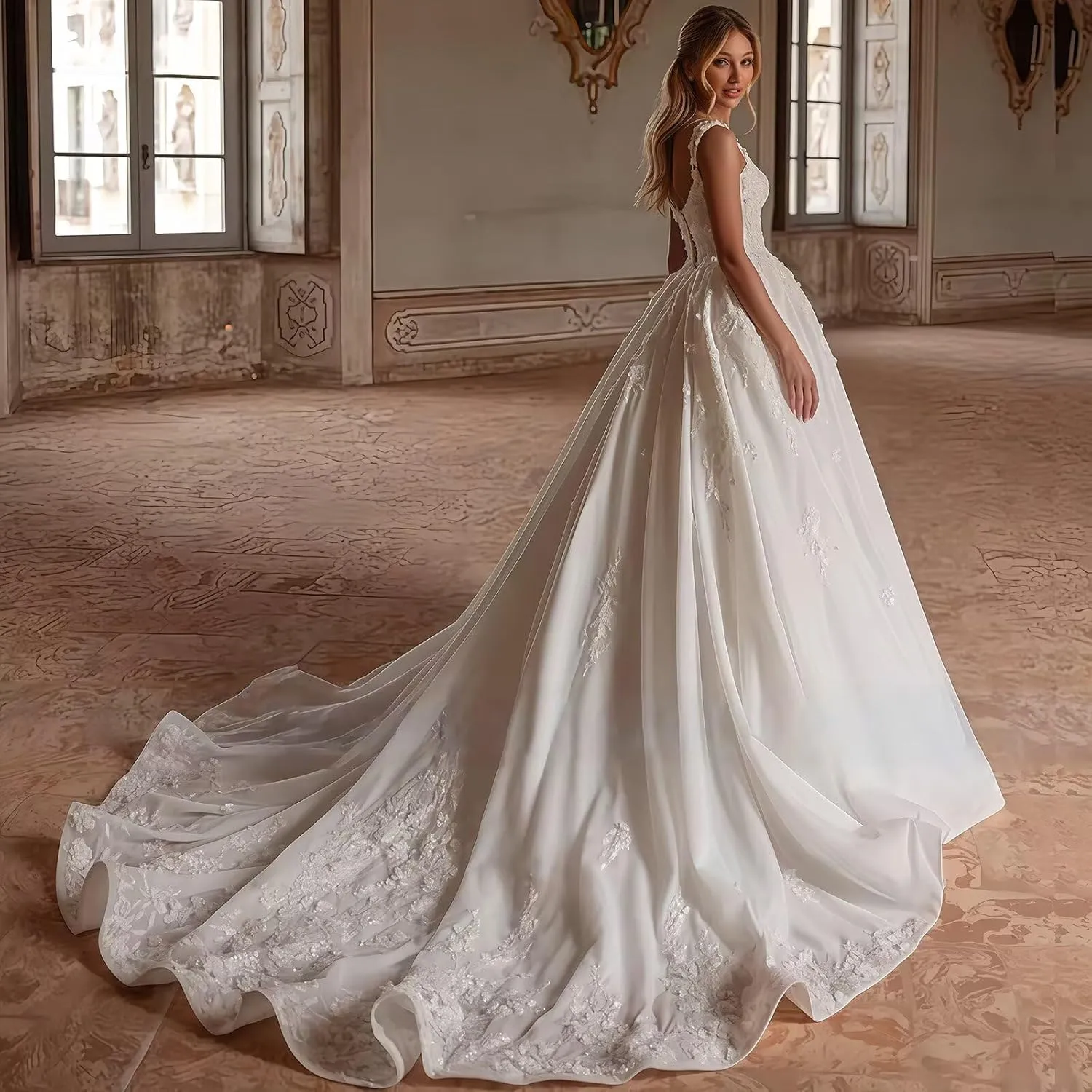 Spaghetti Straps Wedding Dresses for Bride 2025 Sweetheart Tulle A-Line Lace Applique Long Bridal Gowns with Train