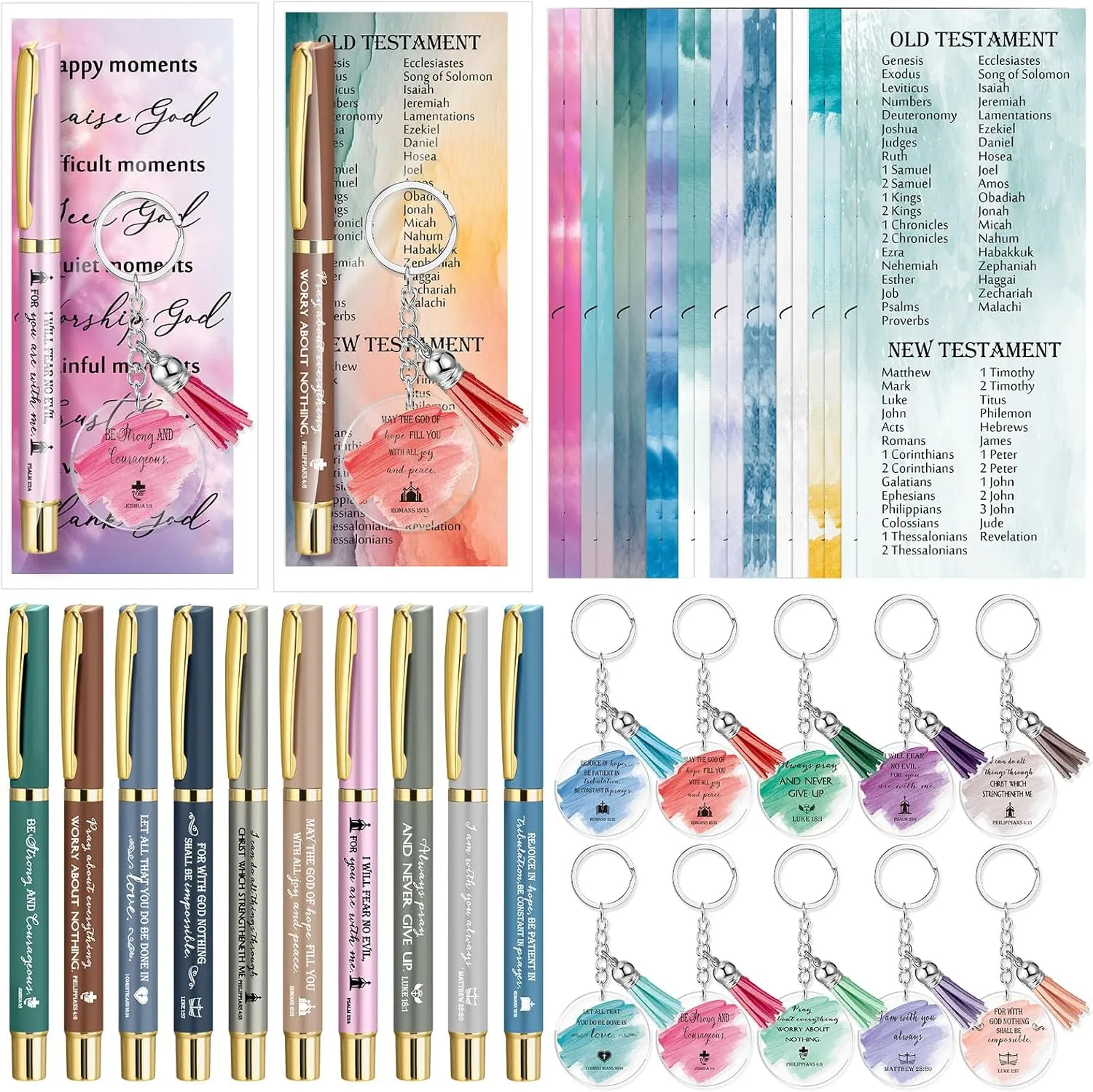 Spakon 20 Sets Christian Gifts Bulk for Women Bible Verse Church Pens Keychains Scripture Bookmarks Inspirational Religious Supplies for Friend VBS Sunday School Teachers Students(Gel Pen)