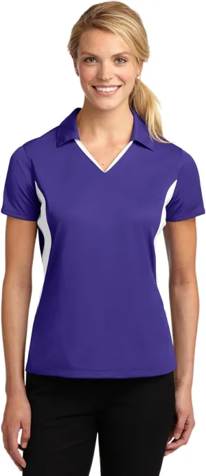 Sport-Tek Ladies Side Blocked Micropique Sport-Wick Polo. LST655 Purple/White