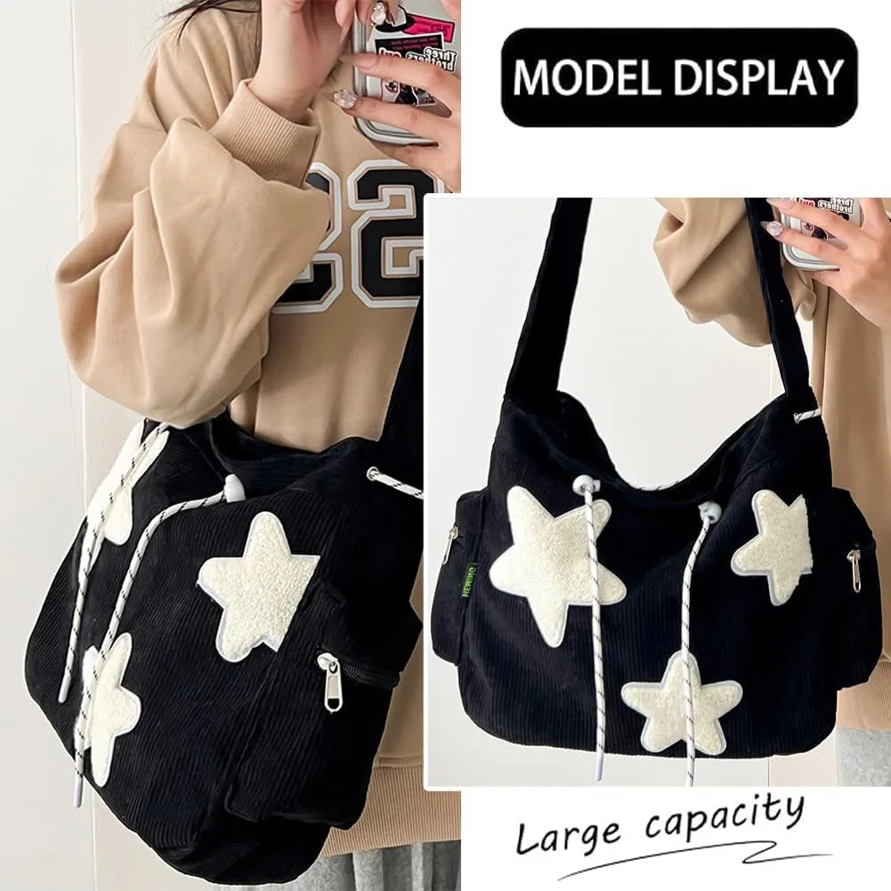 Star Crossbody Bag Women Corduroy Tote Bag Aesthetic Messenger Bag Cute Shoulder Bag Y2K Hobo Bag