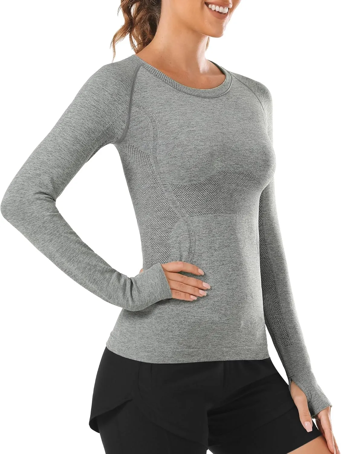 Stelle Women Workout Shirts Seamless Long Sleeve Yoga Tops with Thumb Holes for Sports Running Breathable Athletic Slim Fit