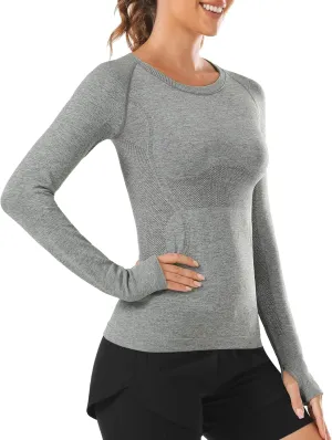 Stelle Women Workout Shirts Seamless Long Sleeve Yoga Tops with Thumb Holes for Sports Running Breathable Athletic Slim Fit