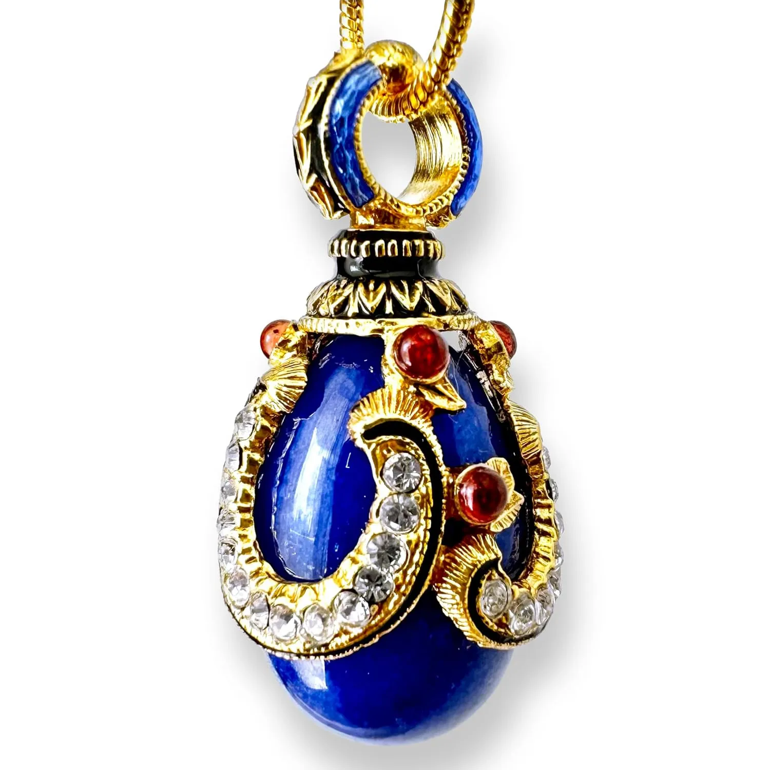 Sterling Silver Necklace Blue Lapis Faberge Style Egg Pendant Crystals Genuine Garnets Enamel Gold-plate 24-inch Chain