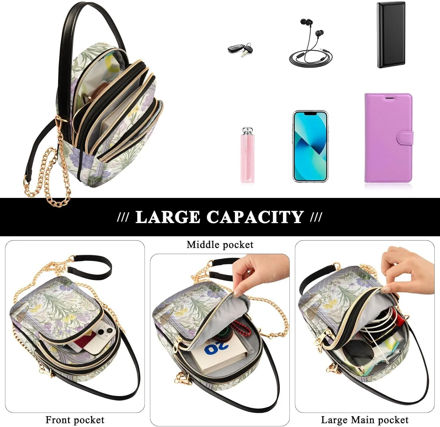 Strawberry in Red on Pink Women’s Crossbody, Crossbody Purses for Women Trendy, Three Zipper Crossbody Bags for Women