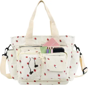 Strawberry Tote Bag Bow Bag With Multi Pocket Women Girls Crossbody Corduroy Handbags Purse Work Travel