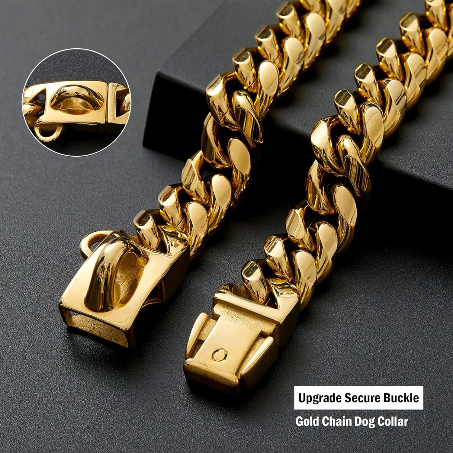 Strong Stainless Steel Gold Dog Collar,14MM Cuban Link Dog Collar - Gold Chain Dog Collar for Small Medium Dogs - 16'' Dog Necklace