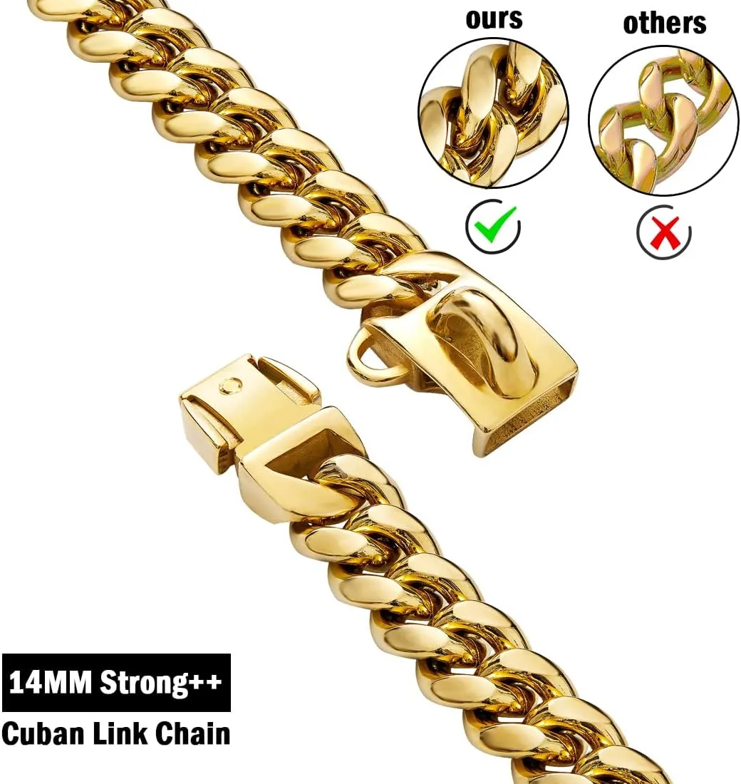 Strong Stainless Steel Gold Dog Collar,14MM Cuban Link Dog Collar - Gold Chain Dog Collar for Small Medium Dogs - 16'' Dog Necklace