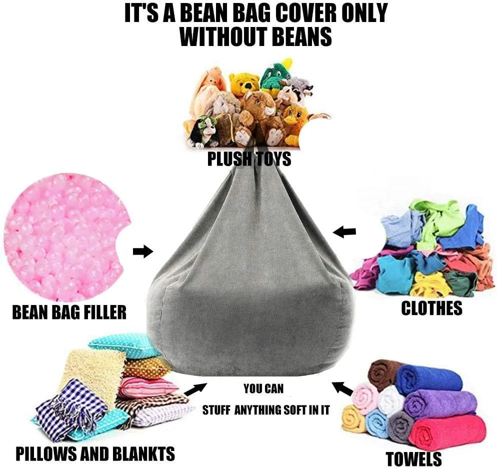 Stuffed Animal Storage Bean Bag Chair Cover (No Filler) Washable Ultra Soft Corduroy Bean Bag Cover for Organizing Plush Toys or Textile, Sack Bean Bag for Adults, Teens