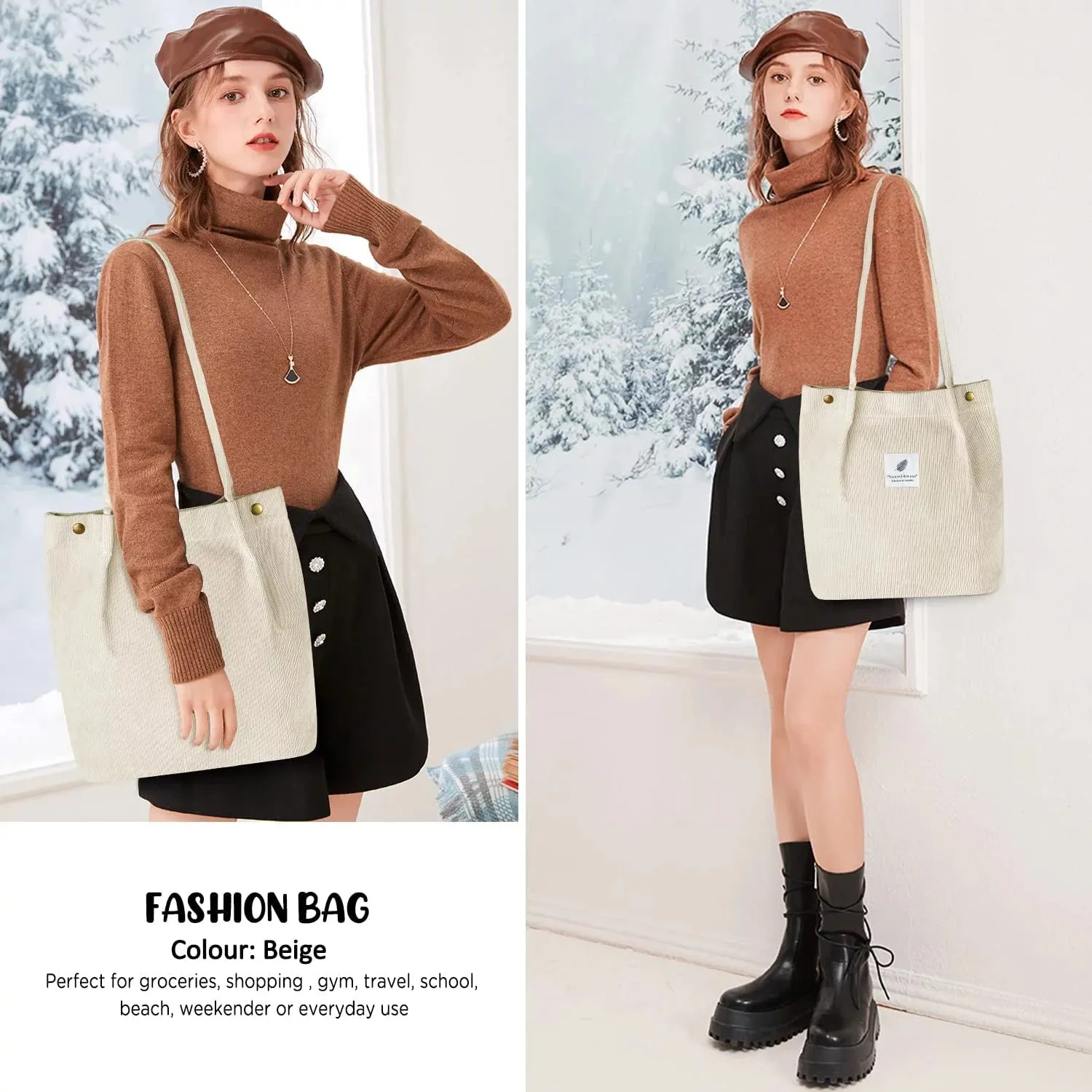 Stylish Large Corduroy Tote Bag for Women - Elegant Canvas Shoulder Purse with Inner Pockets in Beige