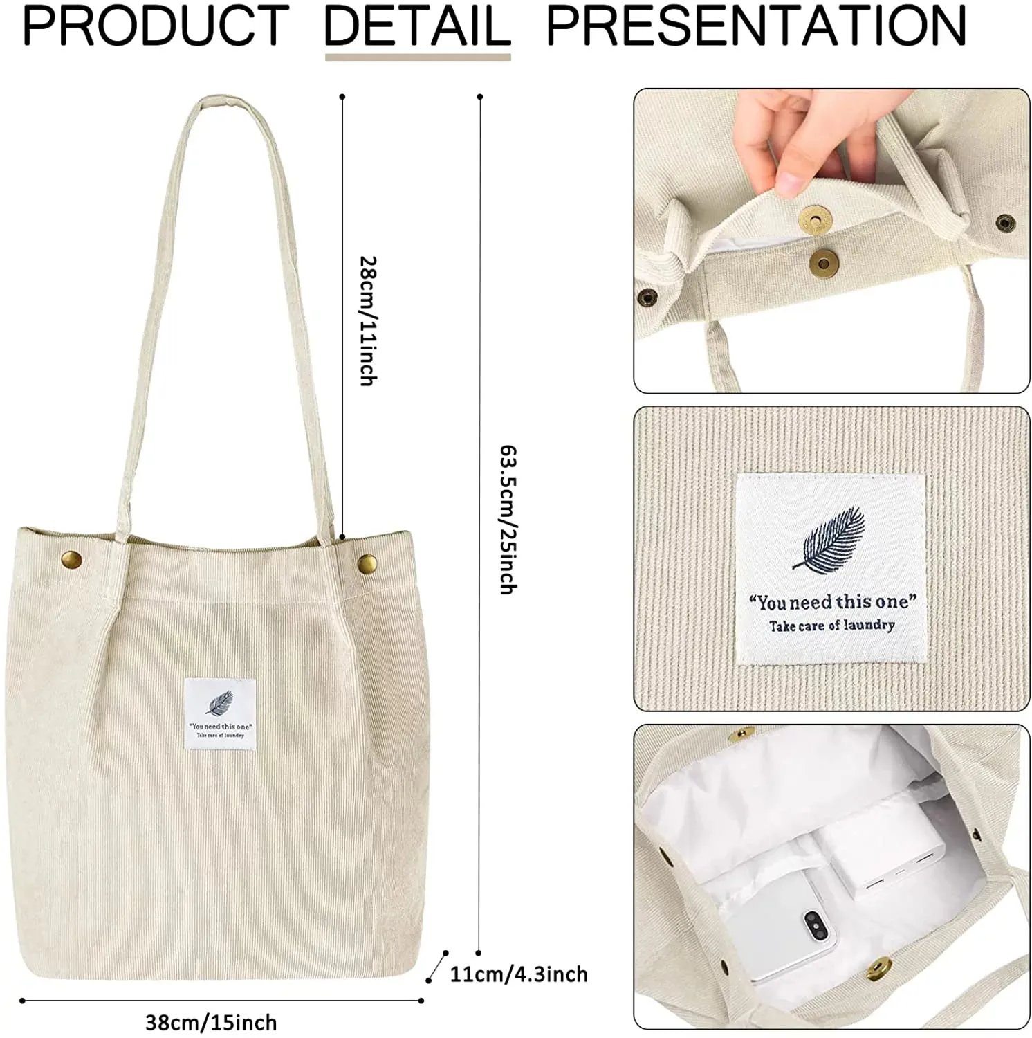 Stylish Large Corduroy Tote Bag for Women - Elegant Canvas Shoulder Purse with Inner Pockets in Beige
