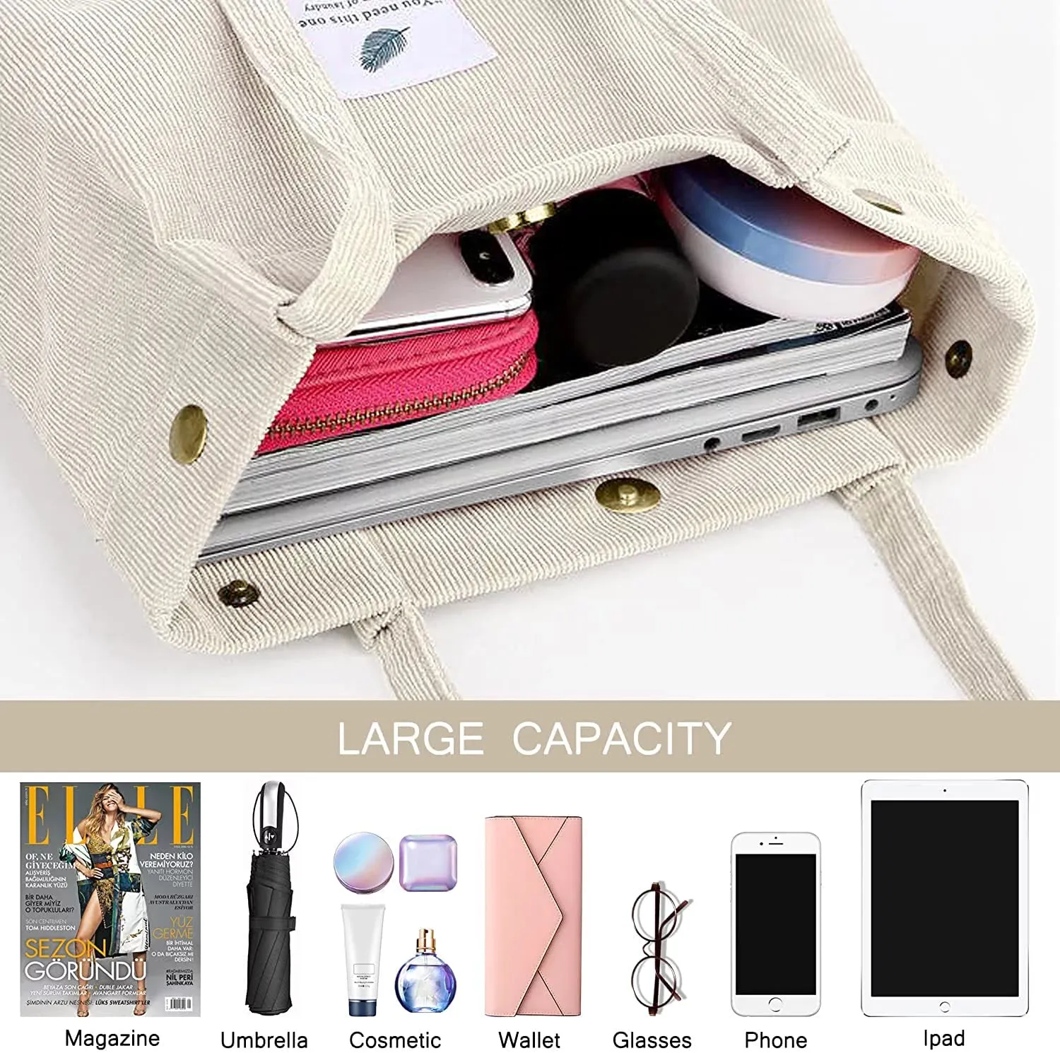Stylish Large Corduroy Tote Bag for Women - Elegant Canvas Shoulder Purse with Inner Pockets in Beige
