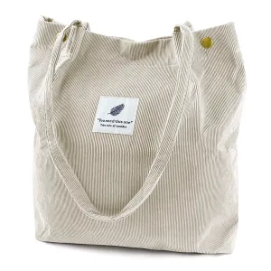 Stylish Large Corduroy Tote Bag for Women - Elegant Canvas Shoulder Purse with Inner Pockets in Beige