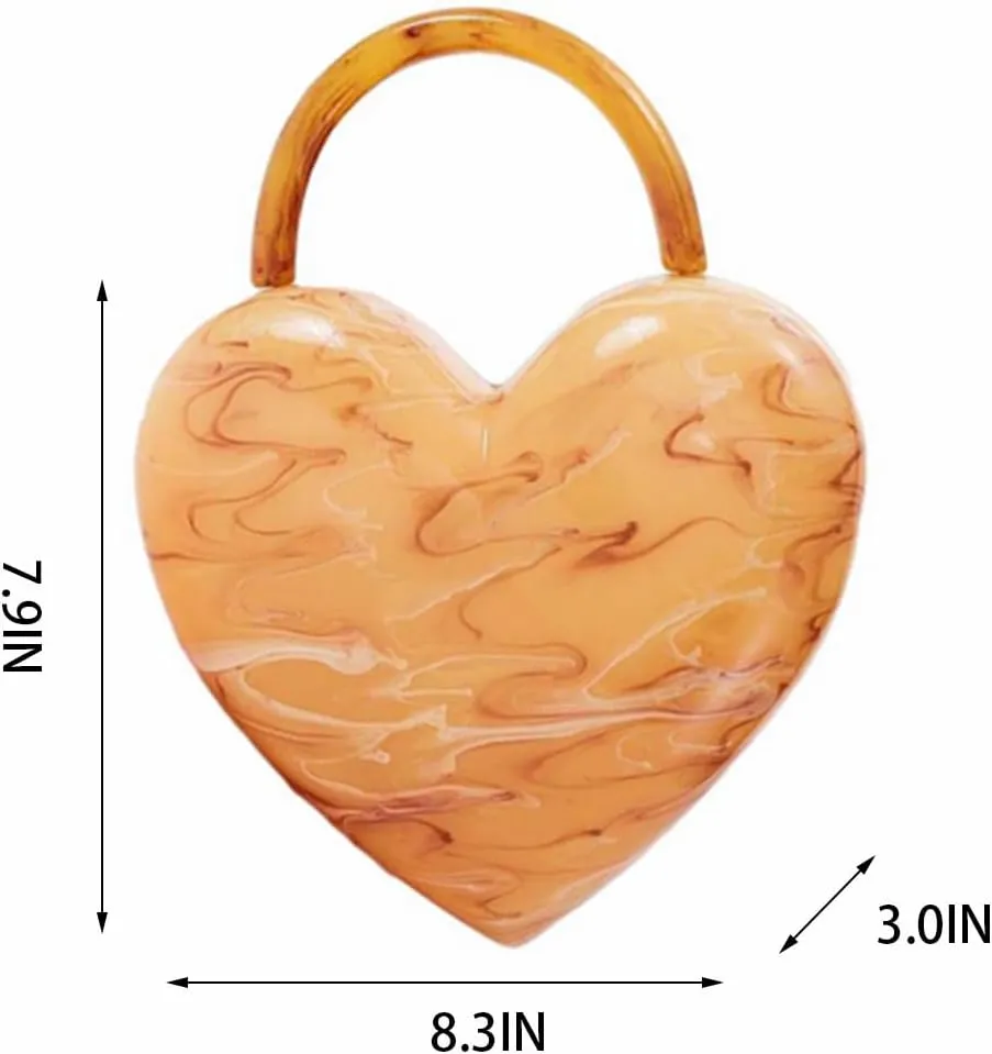 Stylish Women Acrylic Evening Clutch Heart Shape Handbag Amber Top Handle Purse Bag for Party Prom Cocktail