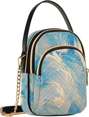 SUABO Crossbody Bag for Women, Abstract Fluid Blue and Gold Paint Marble Phone Purse Detachable Chain Bag Shoulder Handbag Wallet