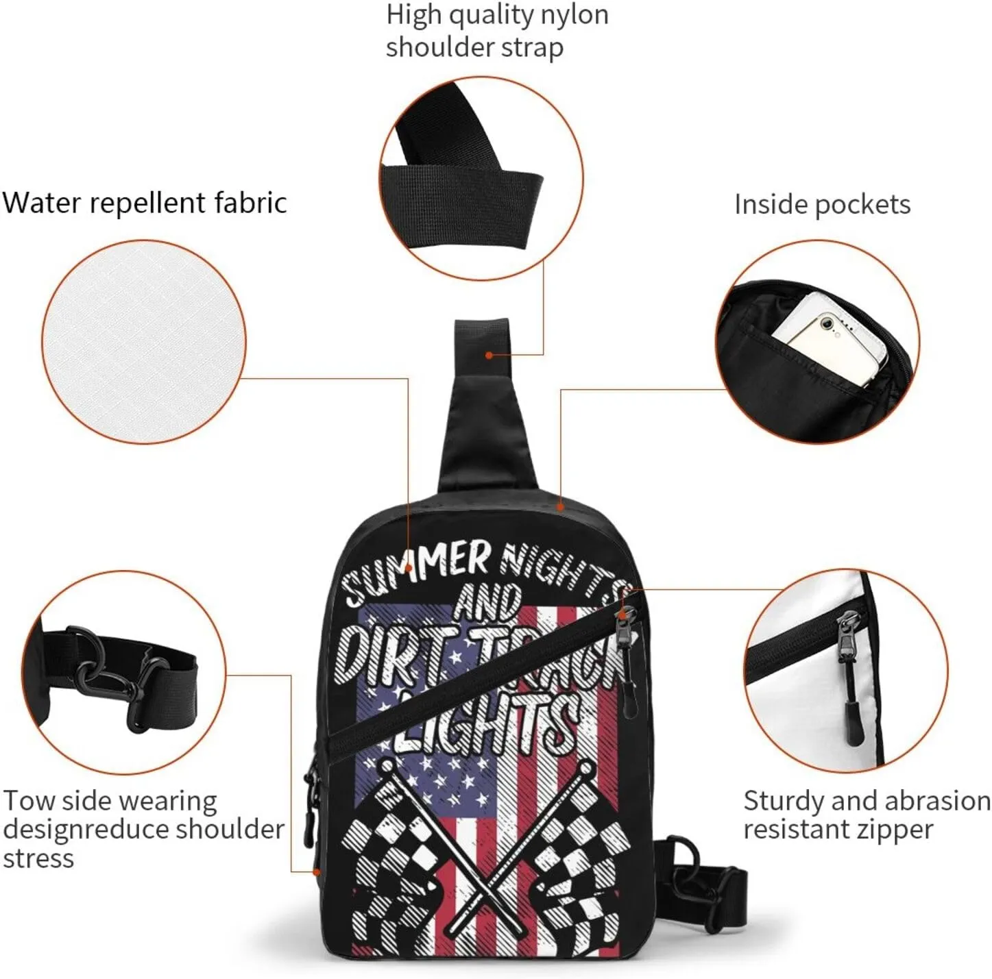 Summer Nights Dirt Track Lights Flag Motocross Racing Portable Sling Bags Packable Crossbody Bag Foldable Sport Daypack Reusable Shoulder Backpack Diagonally Chest Bag for Workout Travel