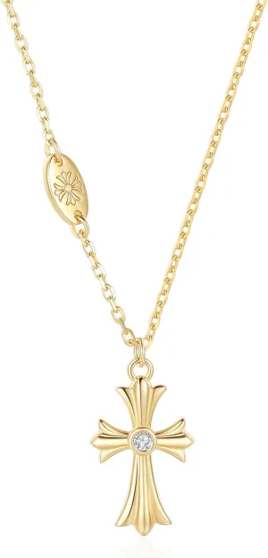 SUNFEEL 14K Gold Plated Cross Necklace for Women Sterling Silver Chrome Hearts Necklace 16 2'' Extension Jewelry Gift for Mom Wife Girlfriend for Mother's Day Anniversary Birthday Prom Party Wedding