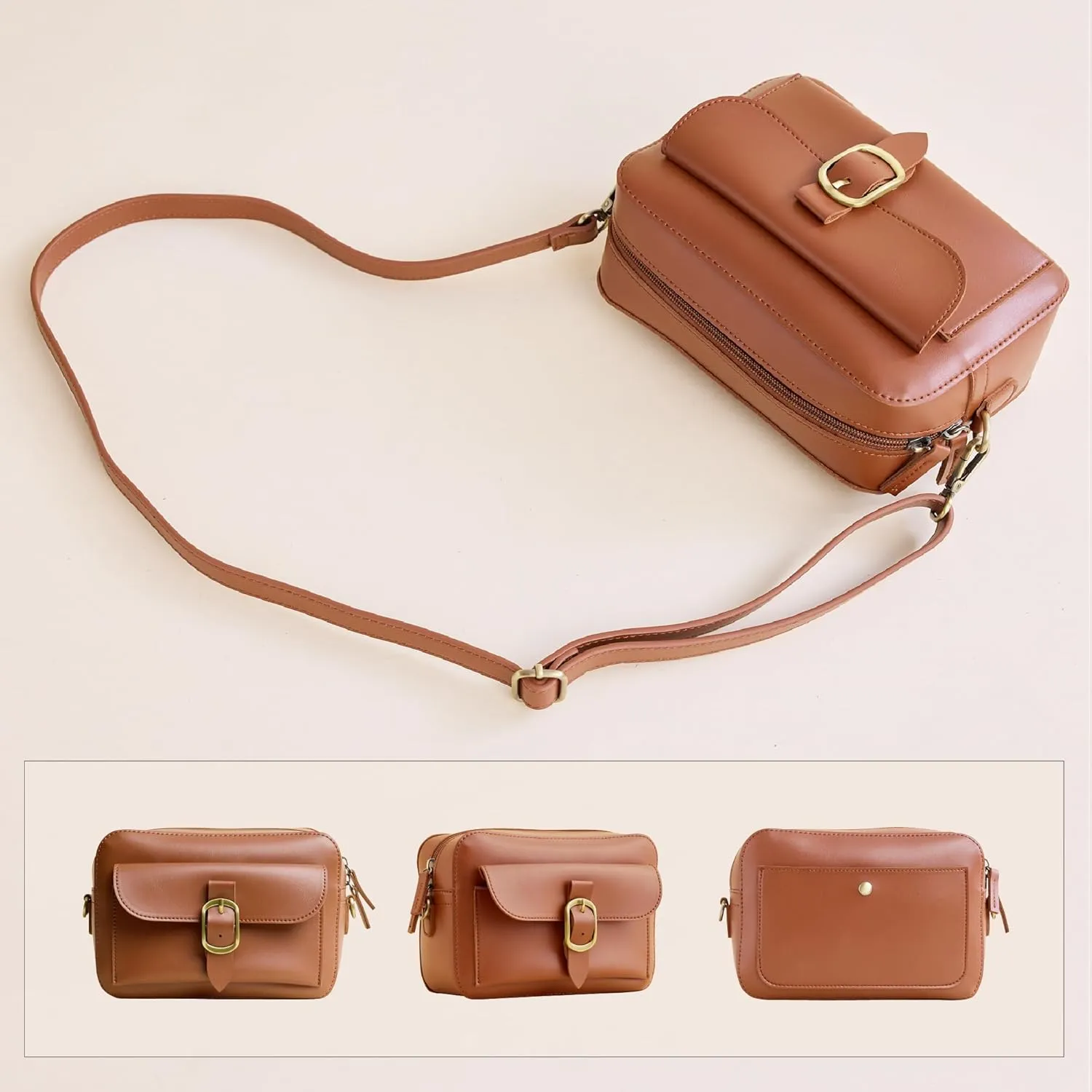 SUNLIGHT LEAVES Vegan Leather Crossbody Camera Bag For Women Vintage Square Satchel Retro Small Purse Simple Shoulder Handbag