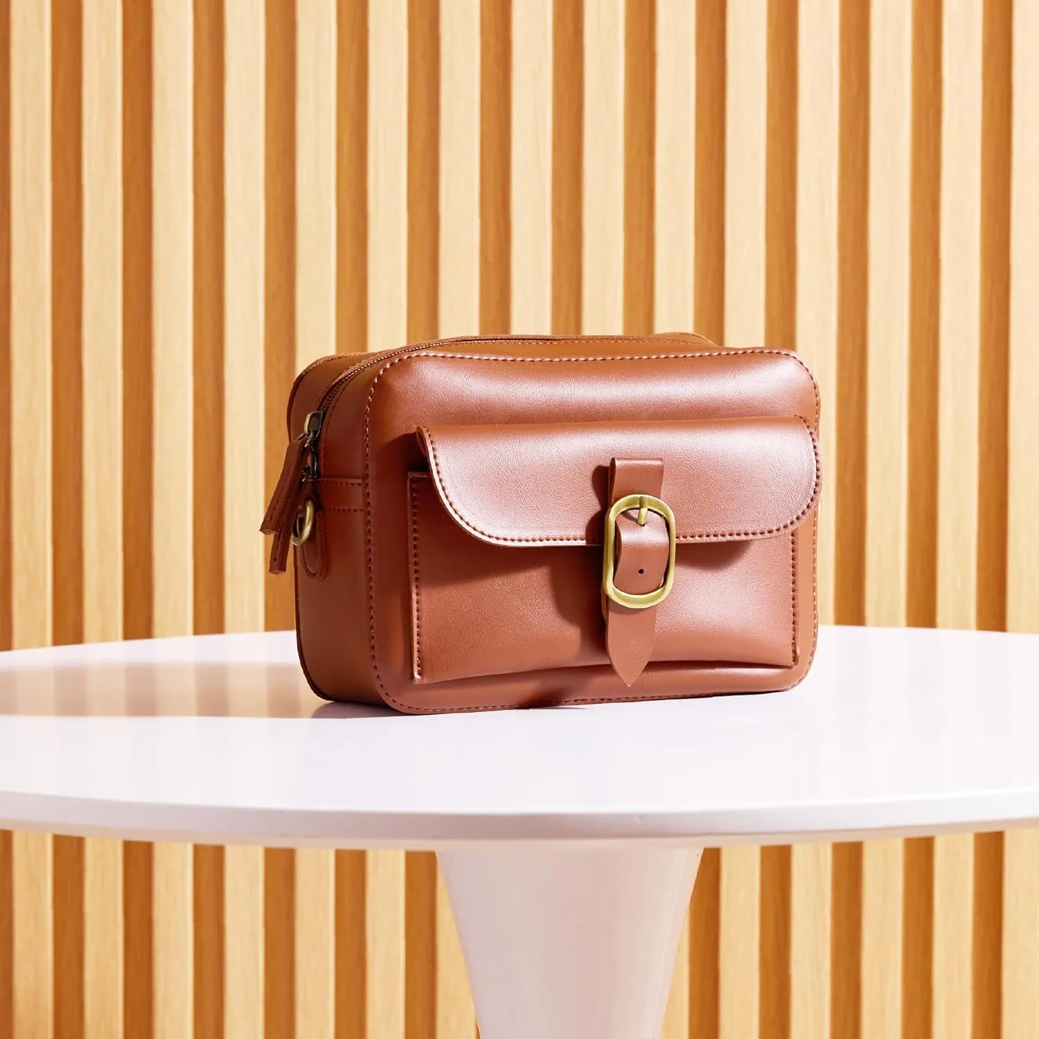 SUNLIGHT LEAVES Vegan Leather Crossbody Camera Bag For Women Vintage Square Satchel Retro Small Purse Simple Shoulder Handbag