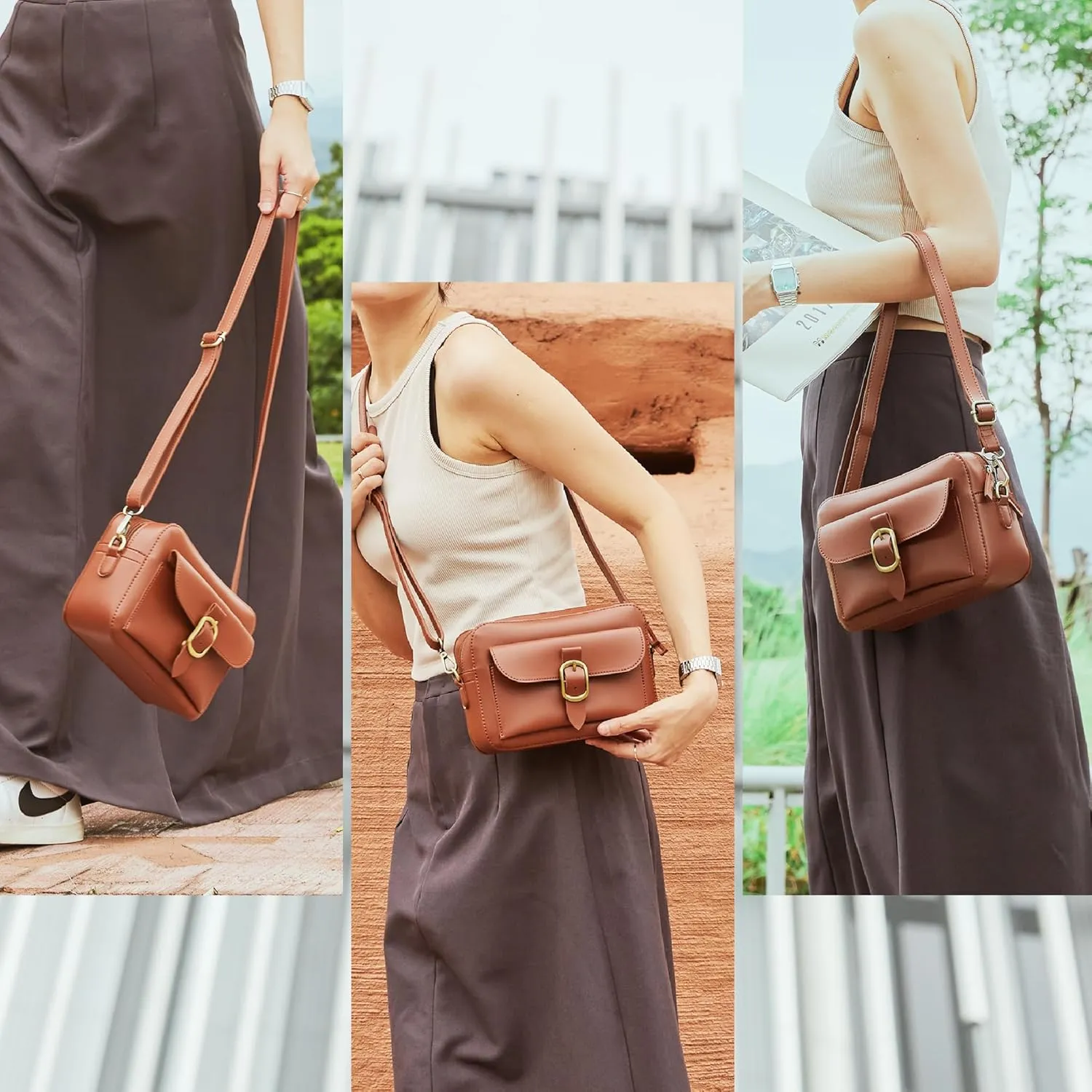 SUNLIGHT LEAVES Vegan Leather Crossbody Camera Bag For Women Vintage Square Satchel Retro Small Purse Simple Shoulder Handbag