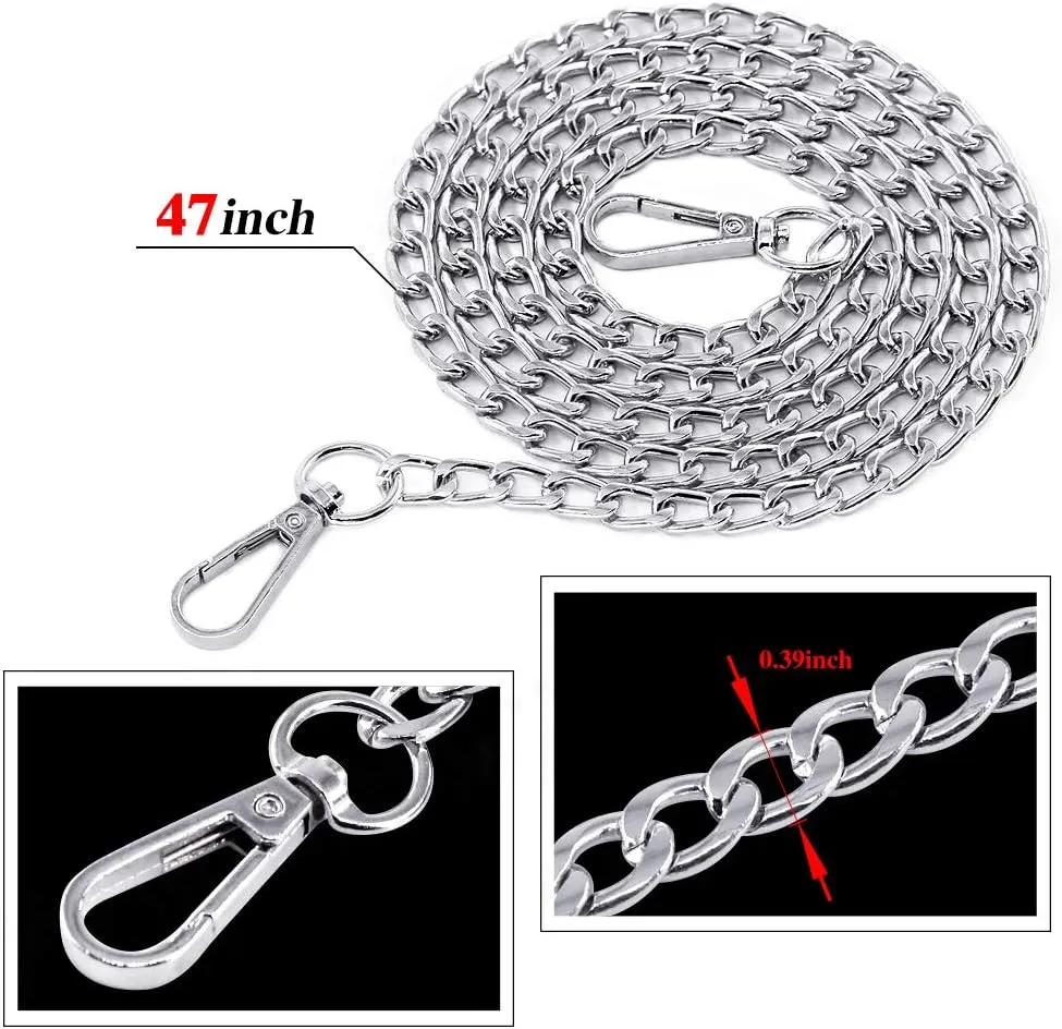 Swpeet 3Pcs Sliver Luxury Fashion 47 Inche Replacement Flat Chain Strap with Buckles Set, Perfect for DIY Metal Shoulder Cross Body Bag Hand Bag Purse Replacement