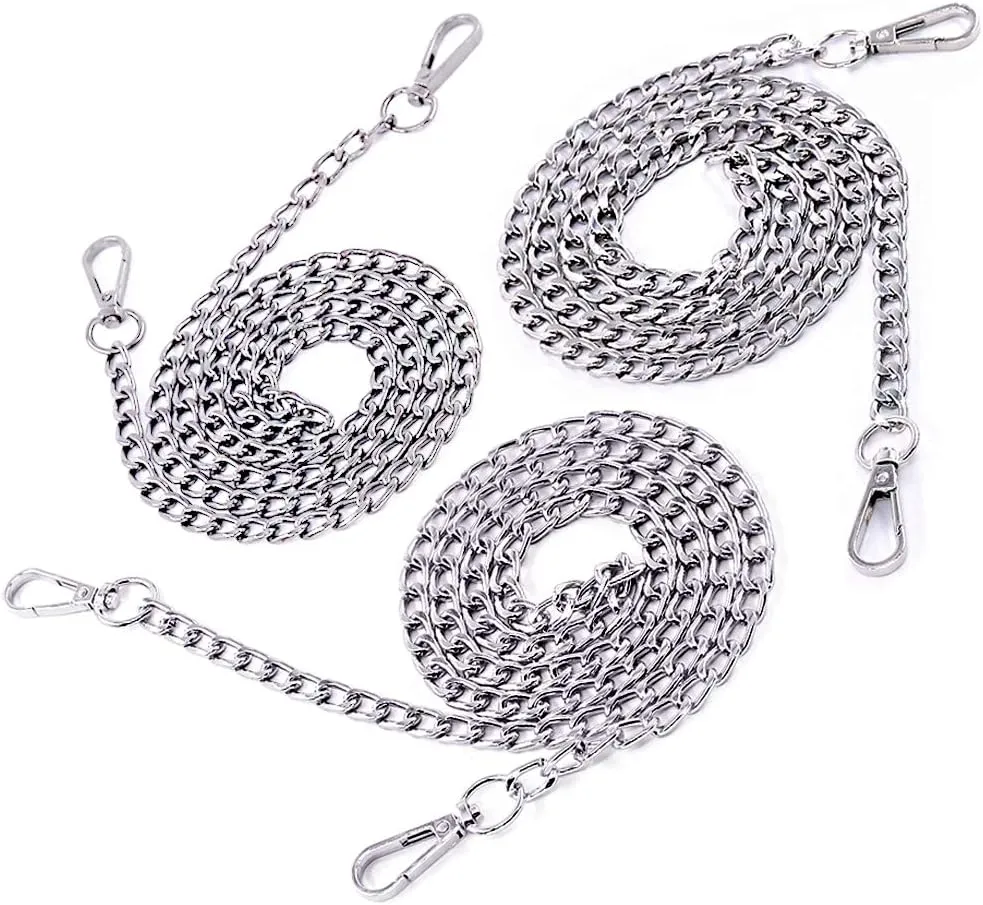 Swpeet 3Pcs Sliver Luxury Fashion 47 Inche Replacement Flat Chain Strap with Buckles Set, Perfect for DIY Metal Shoulder Cross Body Bag Hand Bag Purse Replacement