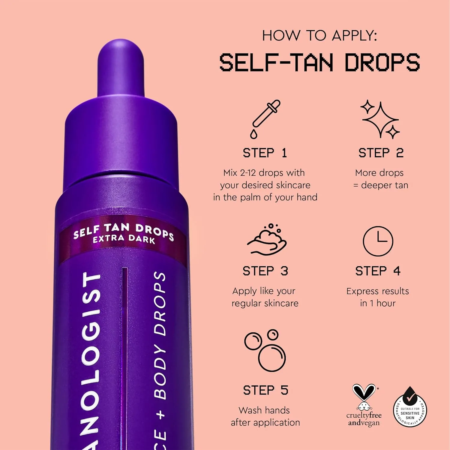 Tanologist Extra Dark Self Tan Drops, Streak-Free Body & Face Tanning Drops, For Moisturizer & Lotion, Natural Face Tanner, Skincare Ingredients, 1.01 fl. oz/30 ml Bottle