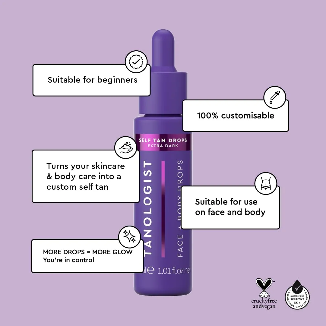 Tanologist Extra Dark Self Tan Drops, Streak-Free Body & Face Tanning Drops, For Moisturizer & Lotion, Natural Face Tanner, Skincare Ingredients, 1.01 fl. oz/30 ml Bottle