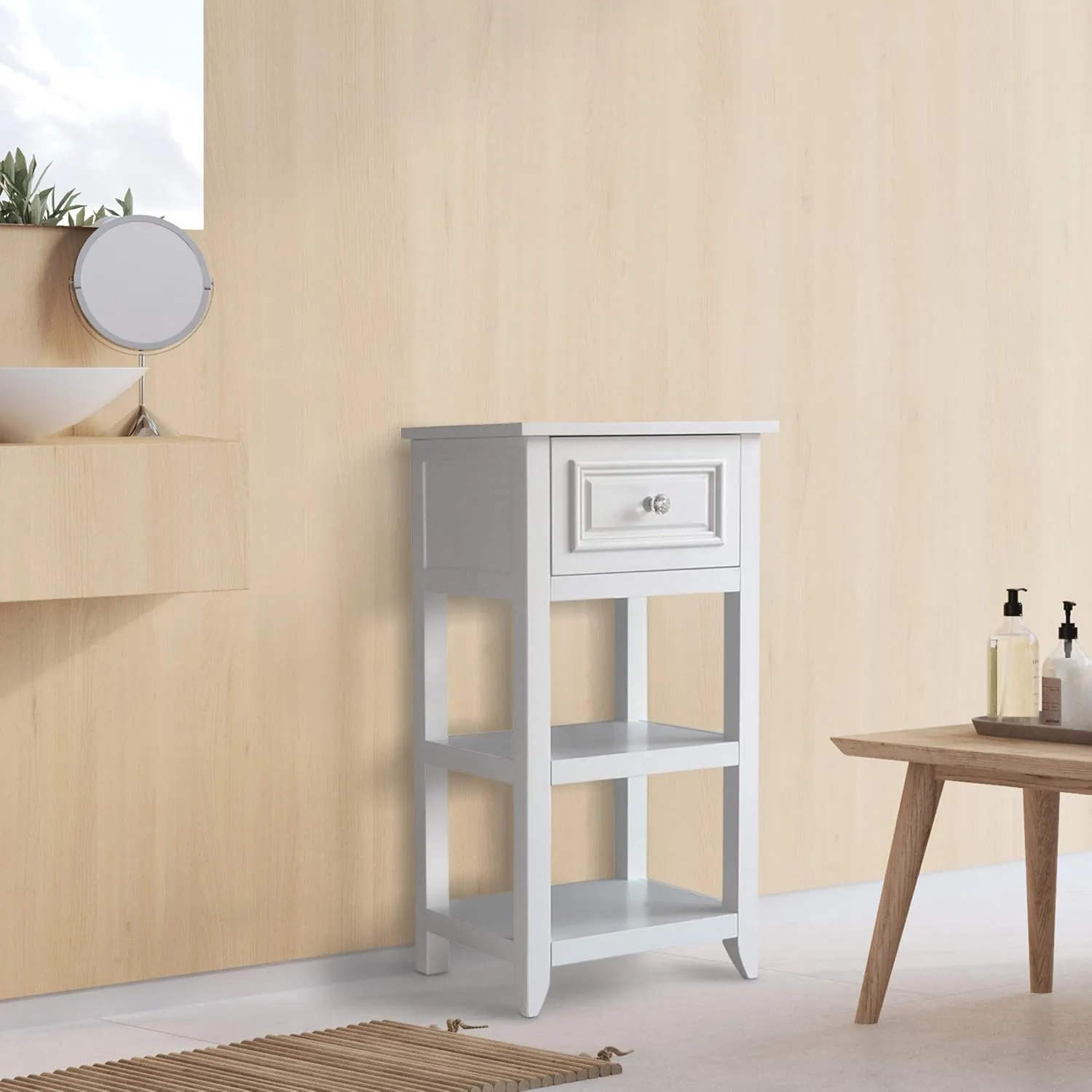 Teamson Home Dawson Freestanding Single Floor Cabinet Bathroom Bedroom Living Room Storage Organizer with 1 Drawer and Open Shelves, White
