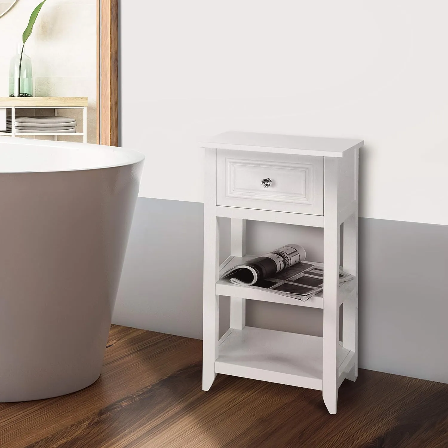 Teamson Home Dawson Freestanding Single Floor Cabinet Bathroom Bedroom Living Room Storage Organizer with 1 Drawer and Open Shelves, White