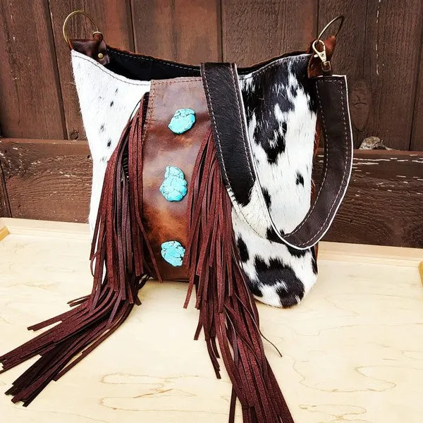 Tejas Bucket Handbag Fringe & Turquoise Slabs