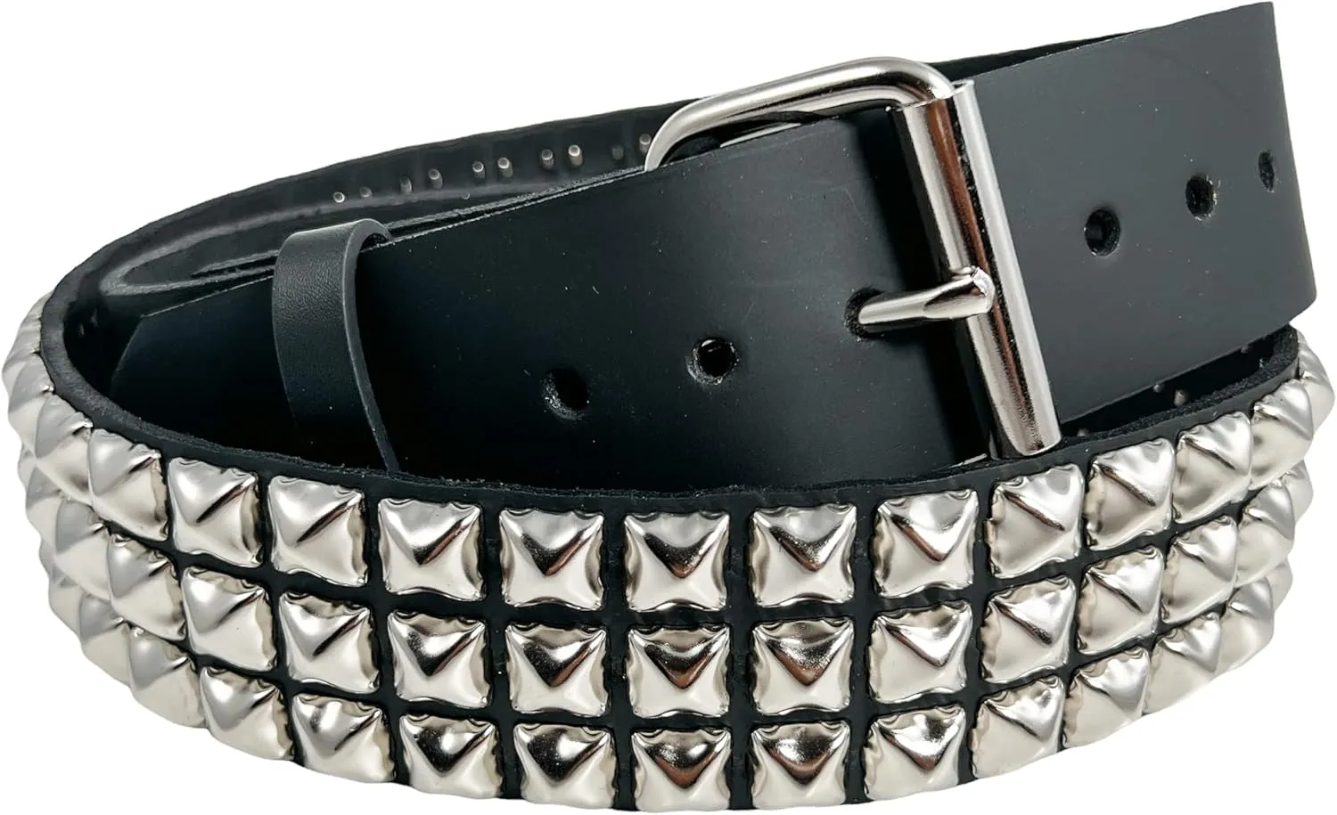 Three Row Pyramid Stud Belt Made In USA Genuine Leather Punk Goth Thrash Metal