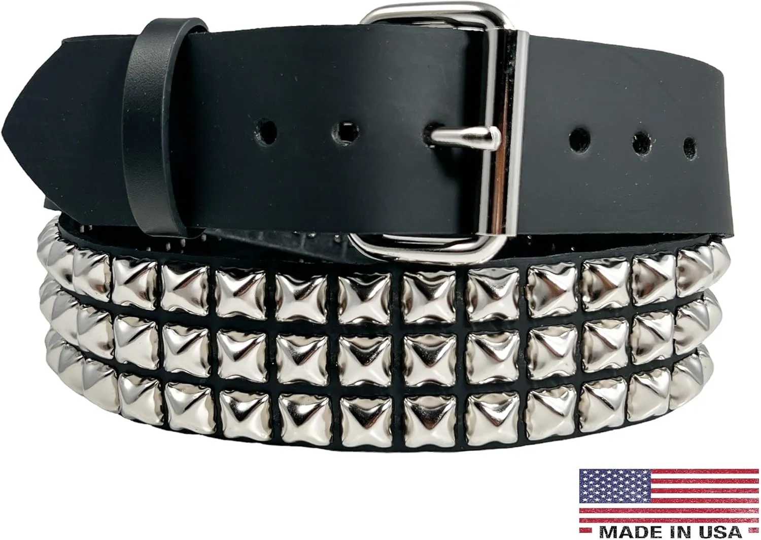 Three Row Pyramid Stud Belt Made In USA Genuine Leather Punk Goth Thrash Metal