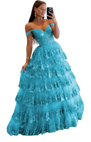 TIRAS Sweetheart Prom Dress Long with Slit Off Shoulder Lace Applique Evening Dress for Teens CM274