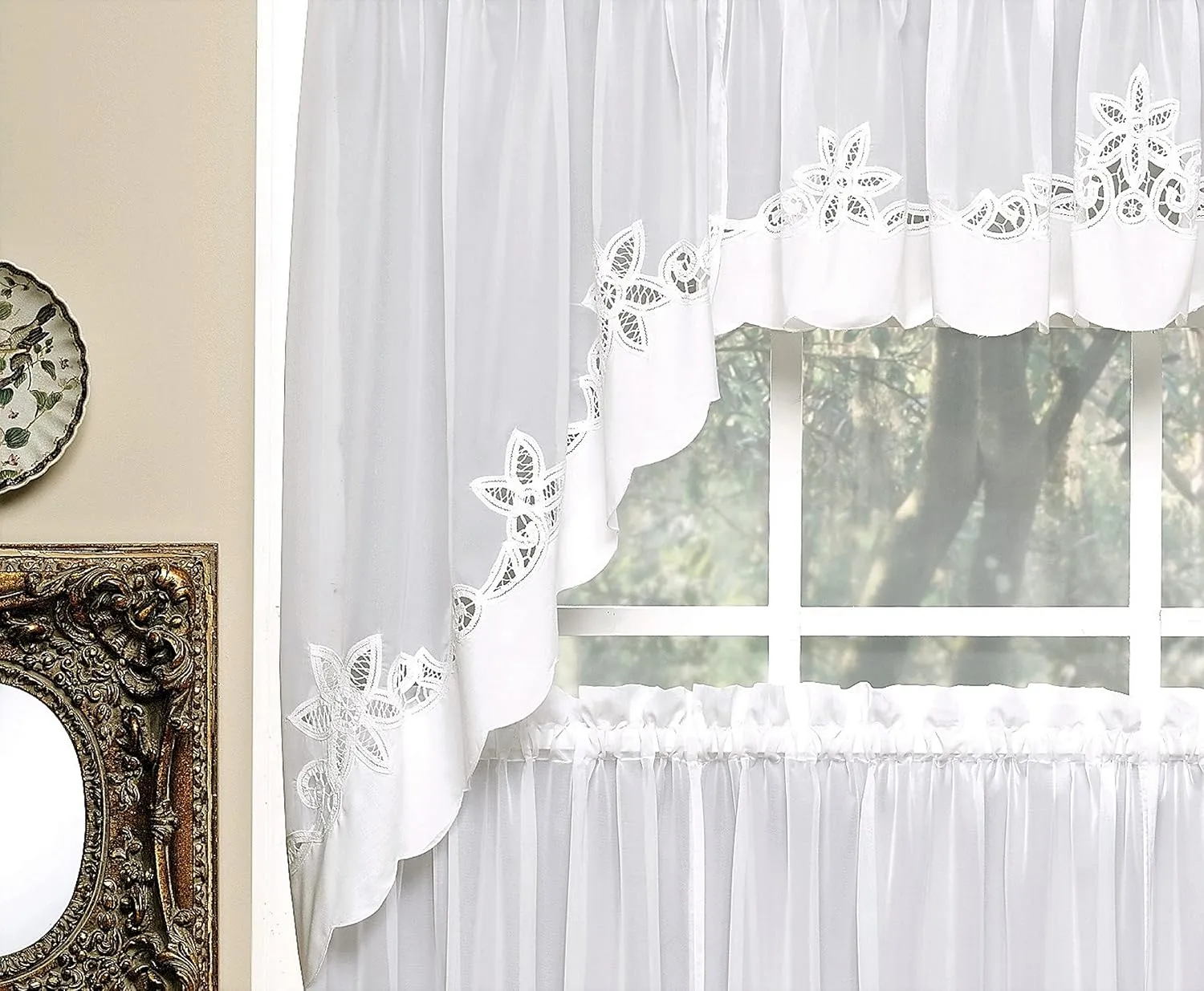 Today's Curtain Plymouth Classic Battenburg Applique Sheer Window Swag, 38-Inch, White